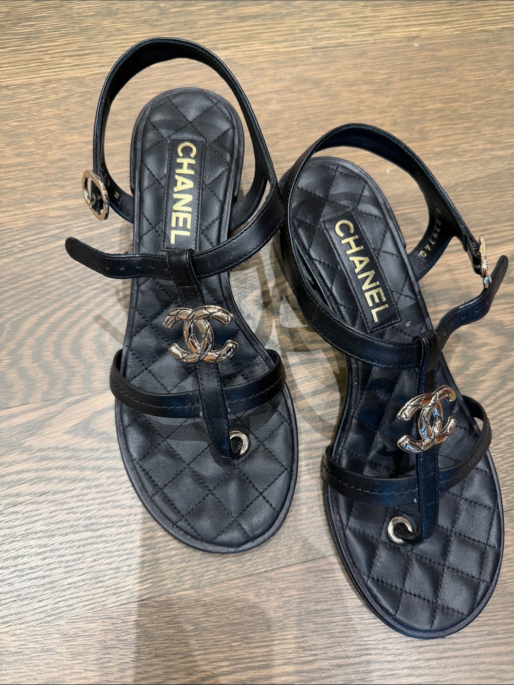 CHANEL Black Quilted T-Strap Sandals with Gold CC Hardware